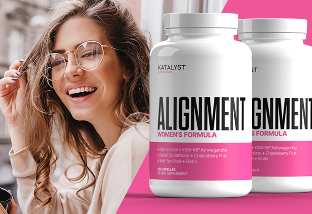 Image of happy woman and Alignment bottles